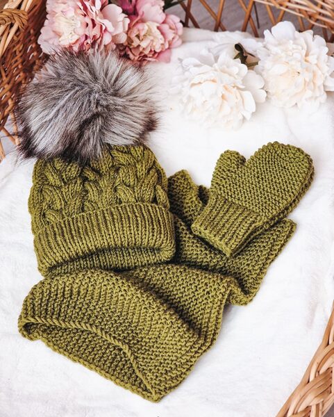 Rankų darbo kepurės, movos ir kumštinių pirštinių komplektas K006 – pasirinkite spalvą ir dydį